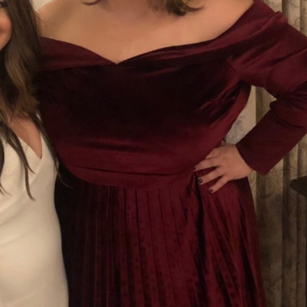 Pleated Velvet Bardot Midi Dress